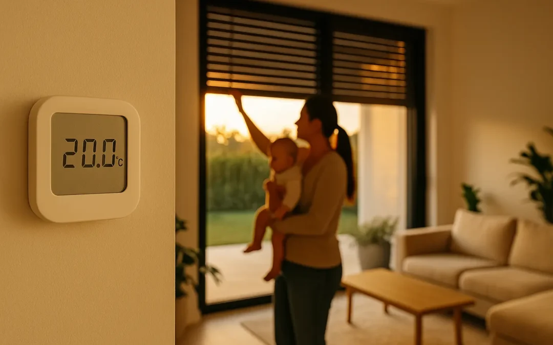 Madre con bebé baja la persiana al atardecer en salón moderno, termostato marcando 20 ºC para ahorrar calefacción