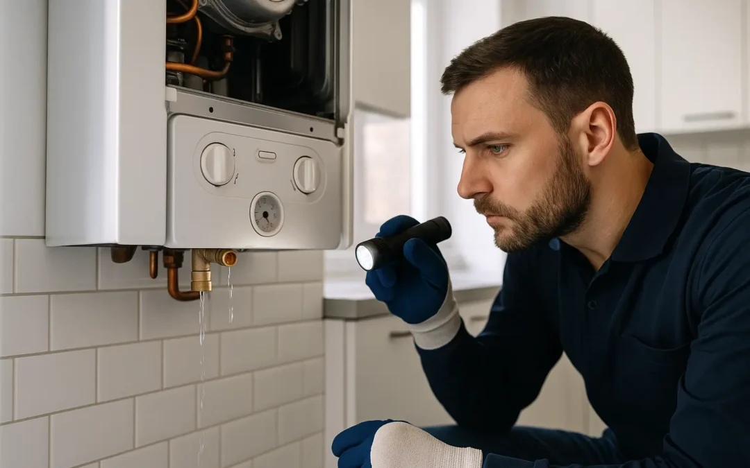 Caldera gotea agua y técnico revisa la válvula