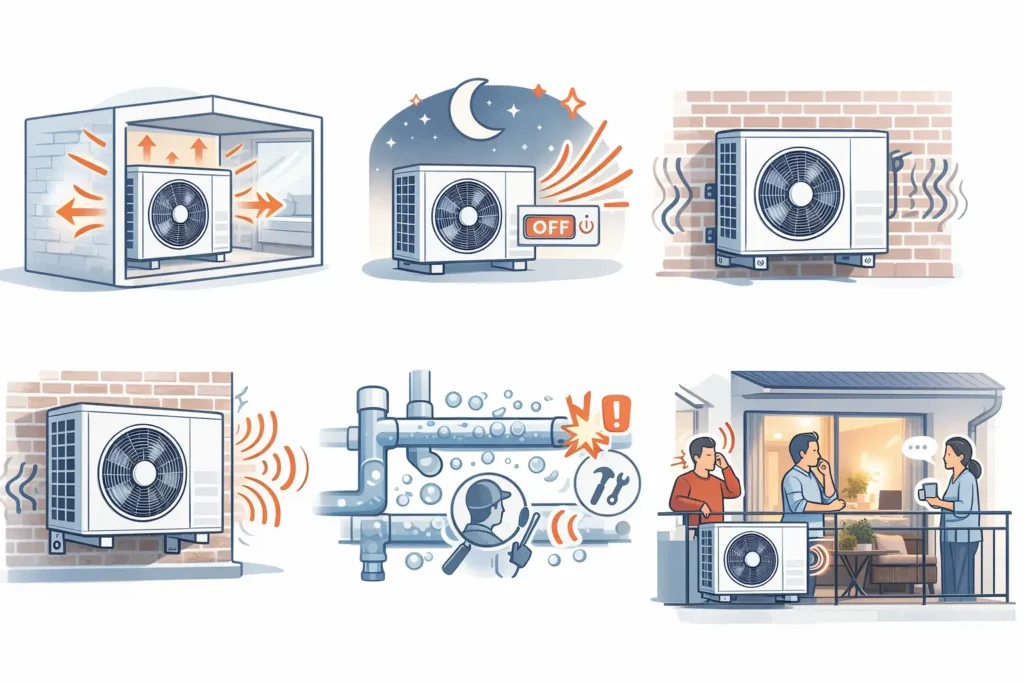 Infografía de errores frecuentes al gestionar el ruido de aerotermia