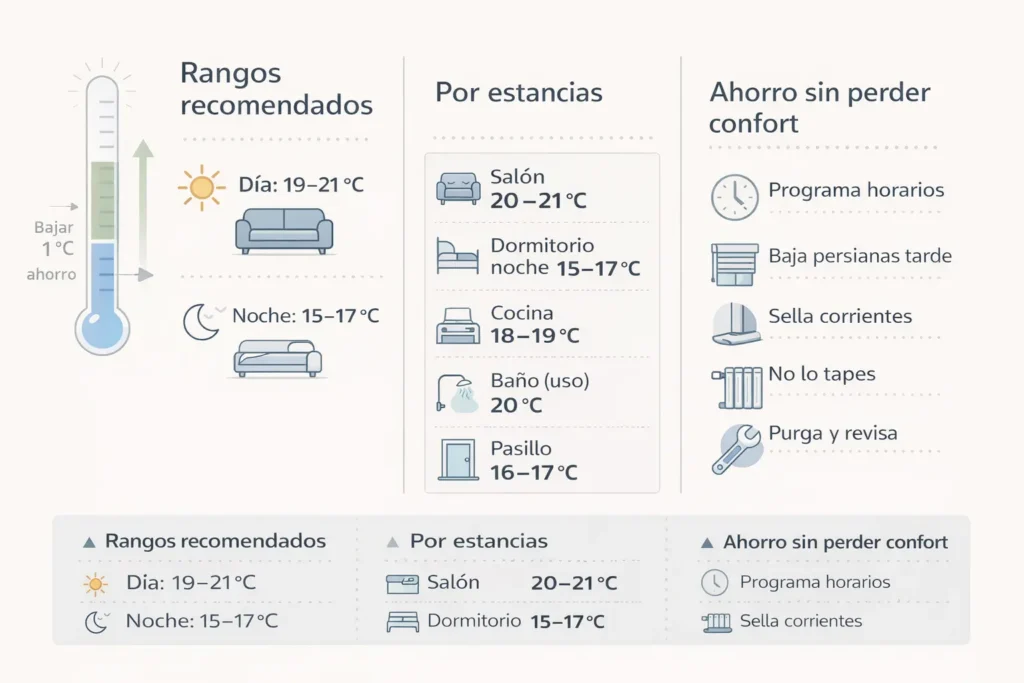 Infografía de temperatura ideal de la calefacción: día, noche y estancias