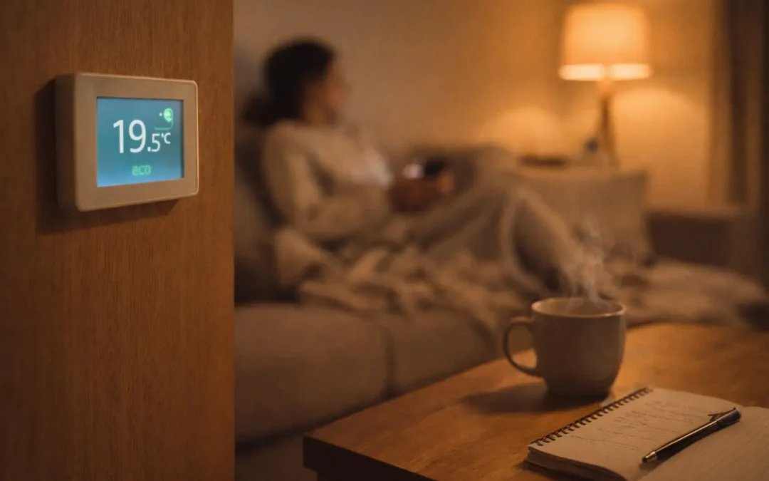 Apagar la aerotermia en casa: cuándo conviene y cuándo noSalón cálido en invierno con termostato digital marcando 19–20 ºC y ambiente de confort, reflejando el uso eficiente de la aerotermia sin apagarla