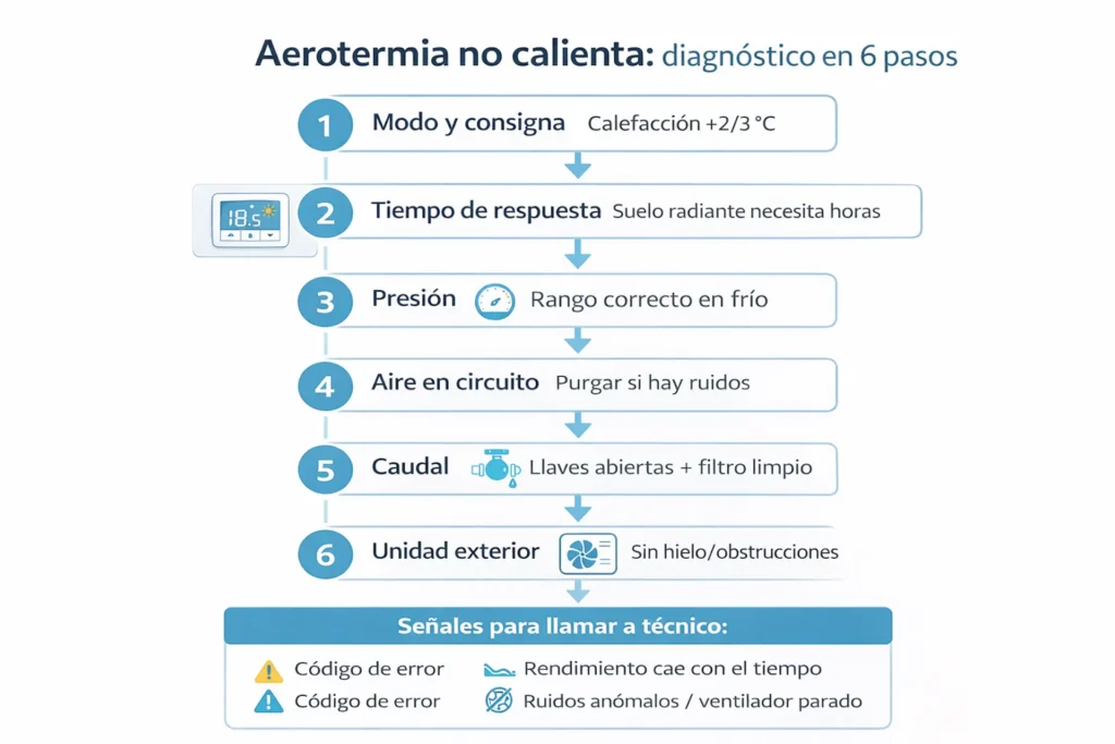 La aerotermia no calienta: 9 causas y sus soluciones 1 Infografía diagnóstico rápido: aerotermia no calienta