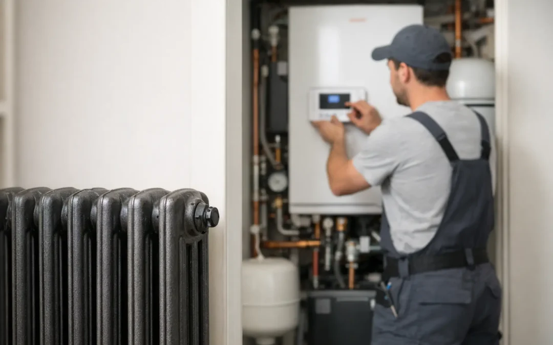 Aerotermia con radiadores antiguos en vivienda con técnico ajustando el sistema