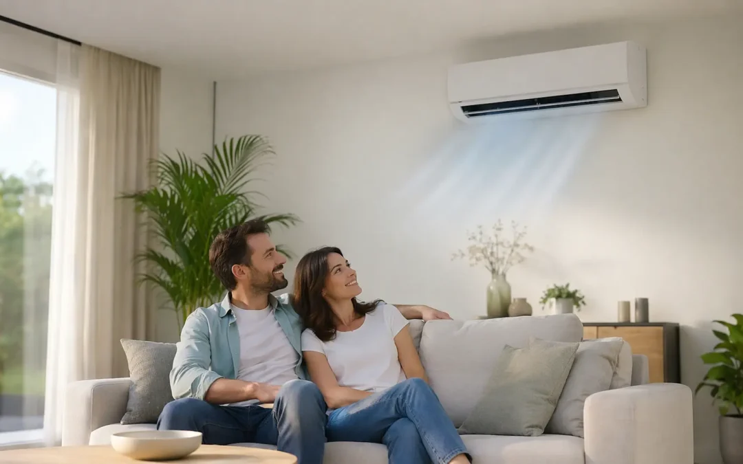 Mejores aires acondicionados 2026 en salón moderno con pareja